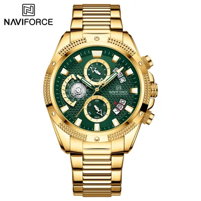 NAVIFORCE NF8021 Men Luxury Chronograph Quartz Watch Waterproof Date Stainless Steel Sport Luminous Fashion Watch - Golden Green